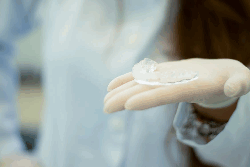 an Invisalign placed on top of a hand with gloves