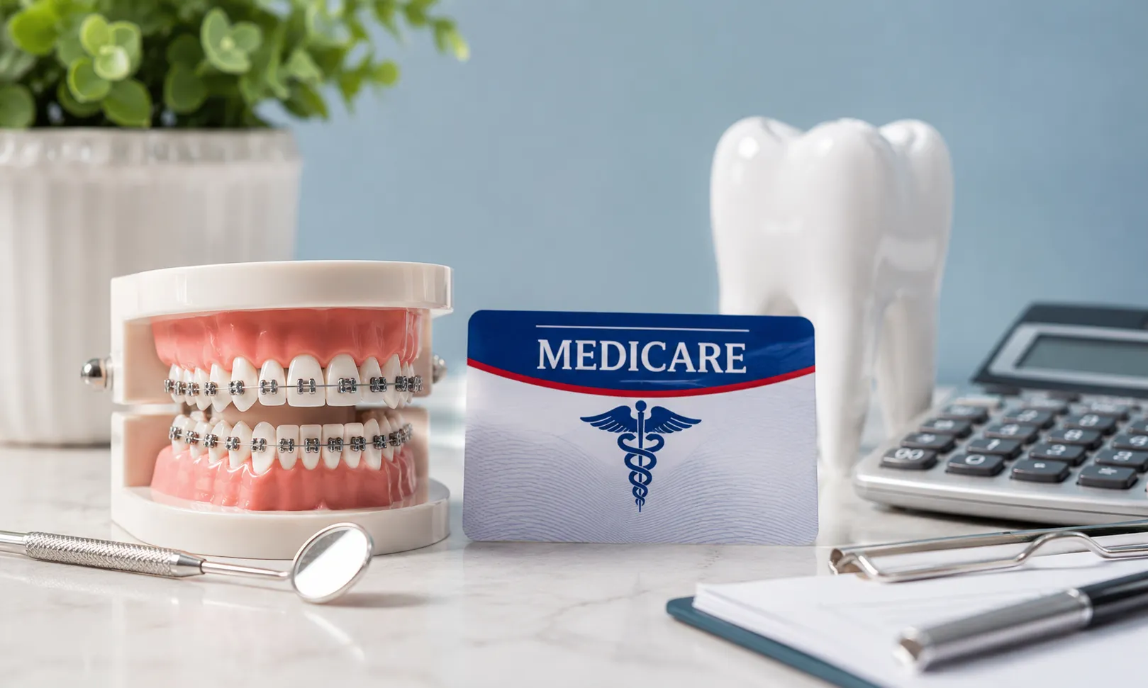 Dental braces model with Medicare card representing orthodontic insurance and coverage information