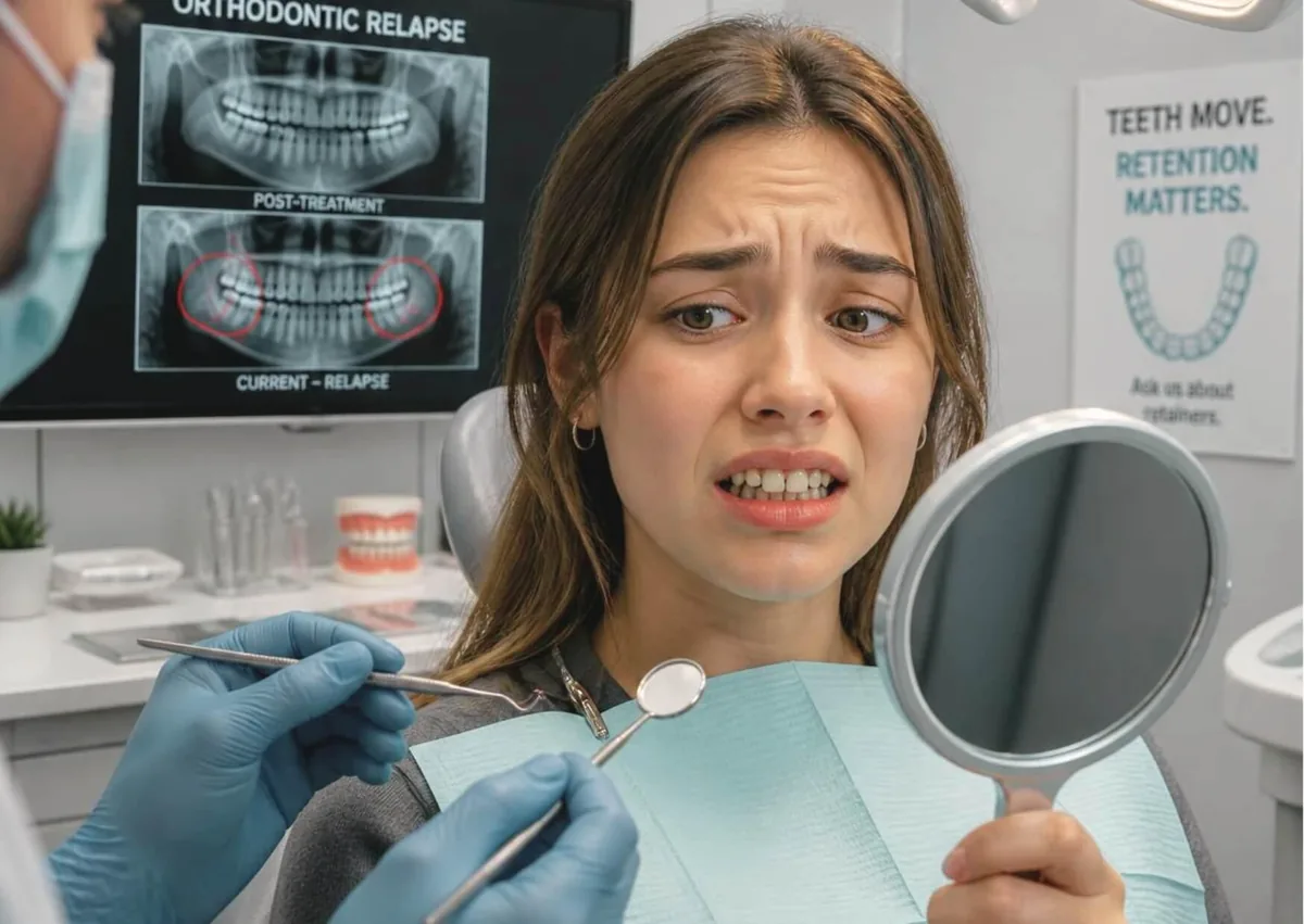 Patient concerned about orthodontic relapse as a dentist examines teeth that have shifted after treatment.