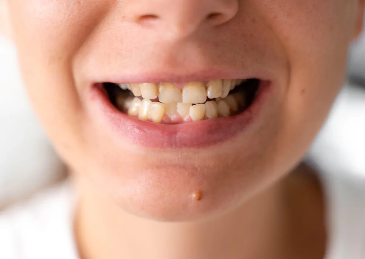 Close-up of misaligned teeth showing a crossbite where the upper and lower teeth do not align properly.