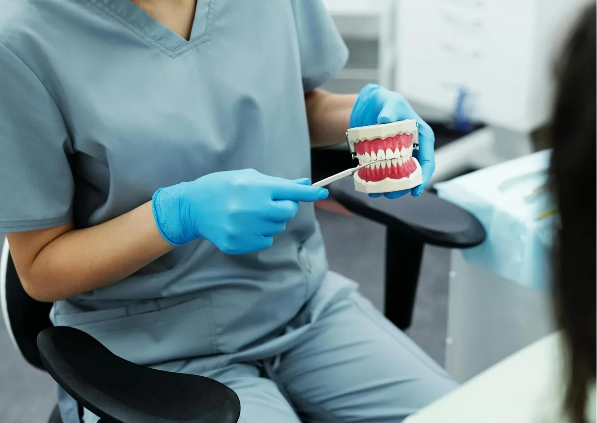 Dental professional using a teeth model to explain crossbite alignment and possible orthodontic treatment.