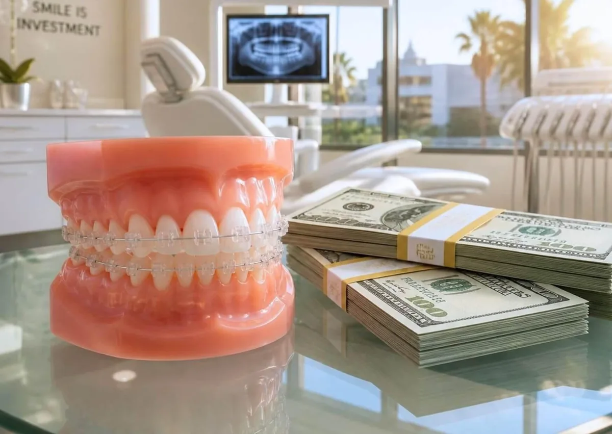 Clear ceramic braces displayed beside money to represent the cost of ceramic orthodontic treatment.